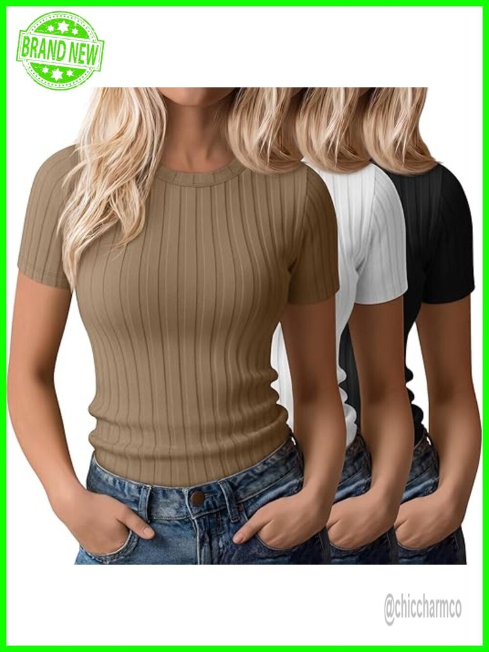 3 Pack Women's Ribbed Crewneck T-Shirts Cotton Spandex Slim Fit Short Sleeve